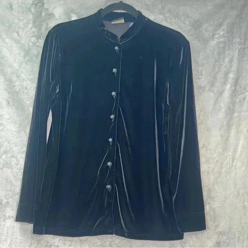 Laura Scott Velvet Button Down Shirt Blouse Sz Small‎ Black Whimsigoth